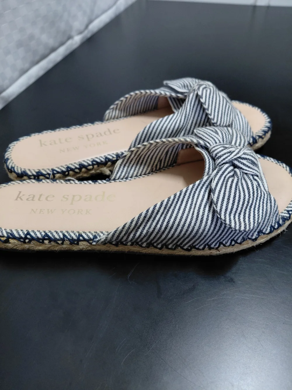 kate spade Womens Navy Stripe Knot Slide Sandals